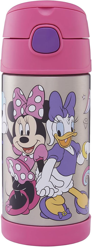 Thermos Kids Funtainer Straw Bottle Disney Botella térmica infantil de acero inoxidable con pajita, 12 horas de frío, apta para lavavajillas, hermética sin gas, botella de Disney para guardería,